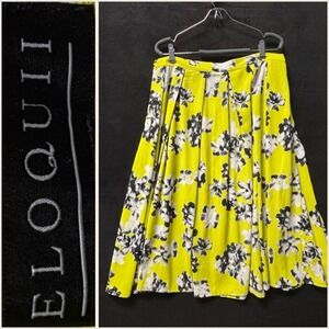 ELOQUII‎ Yellow Floral Print Pleated Midi Skirt Womens 16